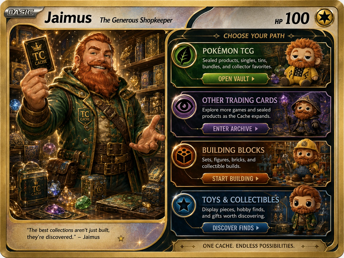 Jaimus, the Generous Shopkeeper, presenting four TC Cache collection paths with themed Jaimus characters for Pokémon TCG, Other Trading Cards, Building Blocks, and Toys and Collectibles.