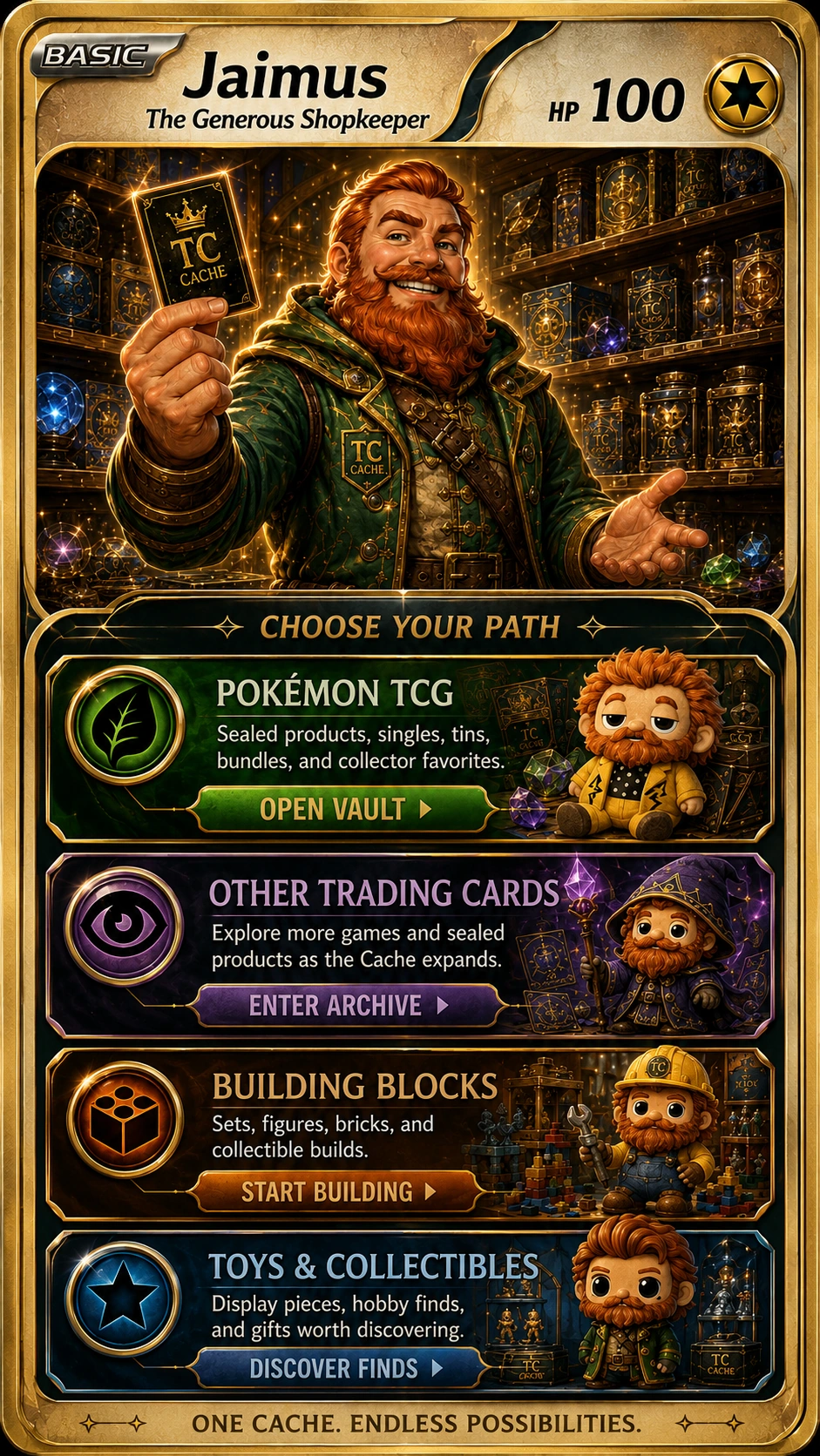 Jaimus, the Generous Shopkeeper, introducing four mobile collection paths with themed Jaimus characters for Pokémon TCG, Other Trading Cards, Building Blocks, and Toys and Collectibles.